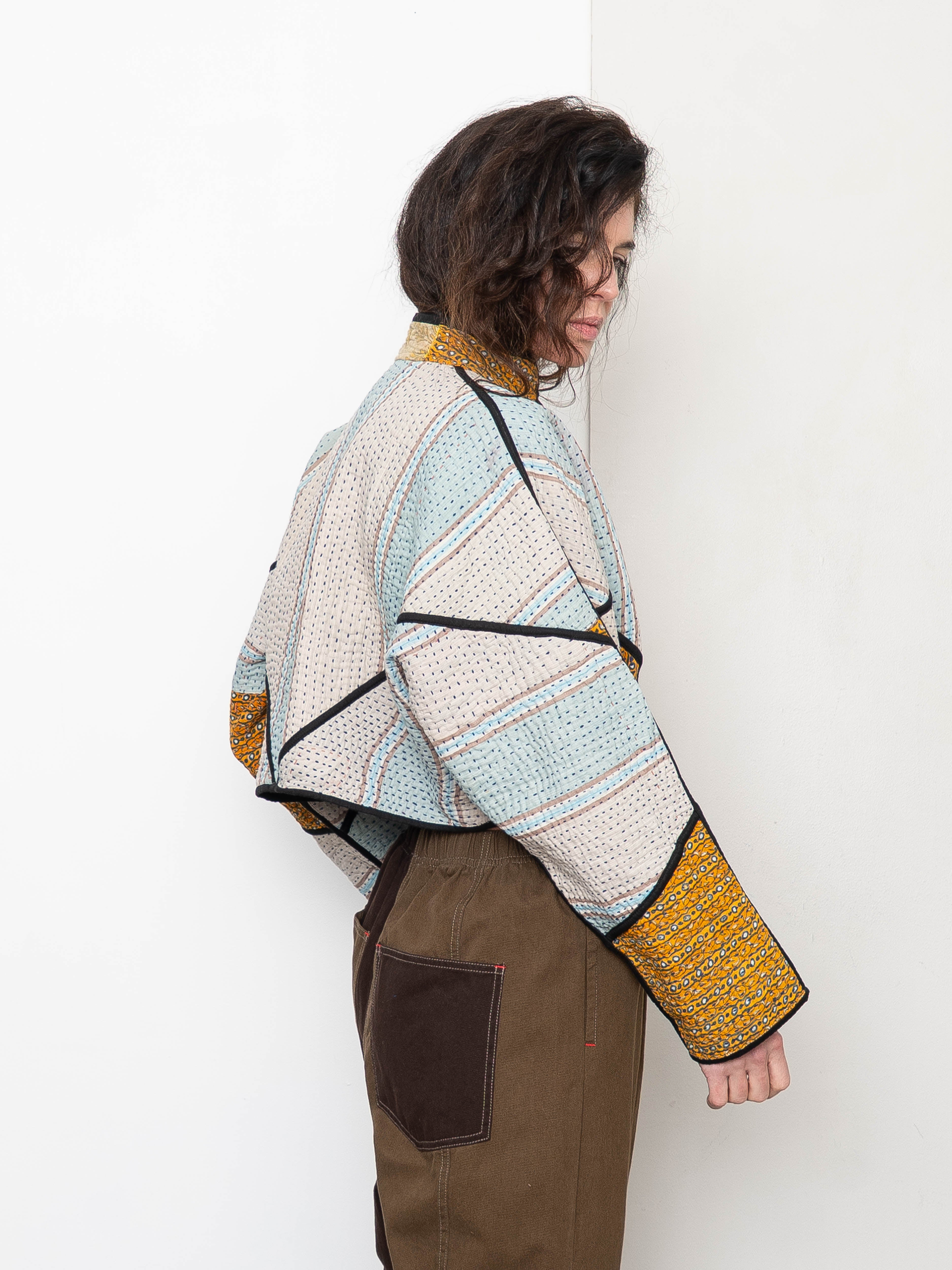 The Kaira Cropped Quilted Patchwork Kantha Jacket