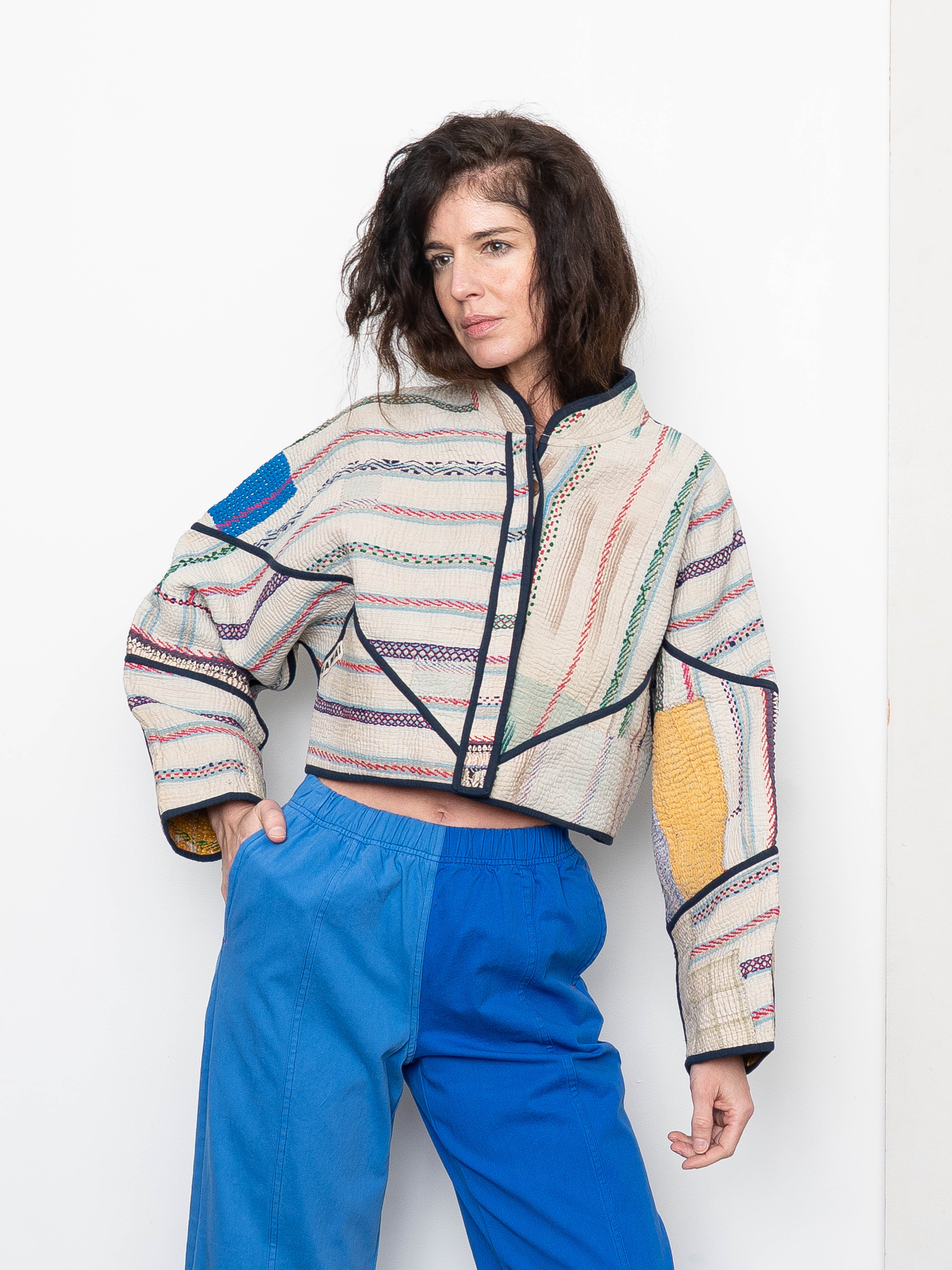 The Kaira Cropped Quilted Patchwork Kantha Jacket