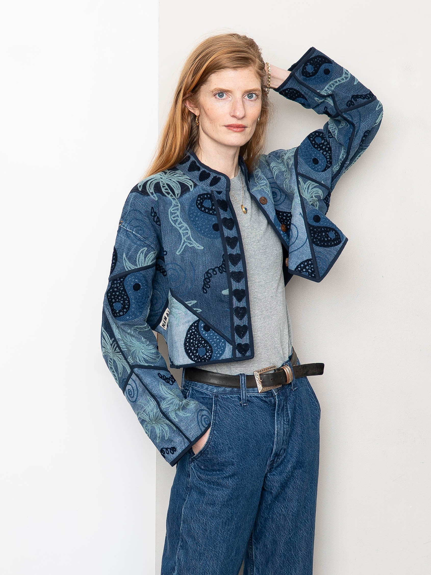 The Kaira Cropped Denim Suzani Jacket - Medium