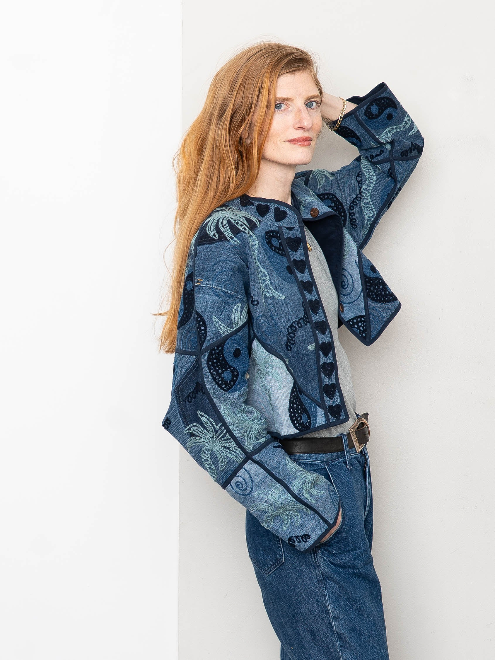 The Kaira Cropped Denim Suzani Jacket - Medium