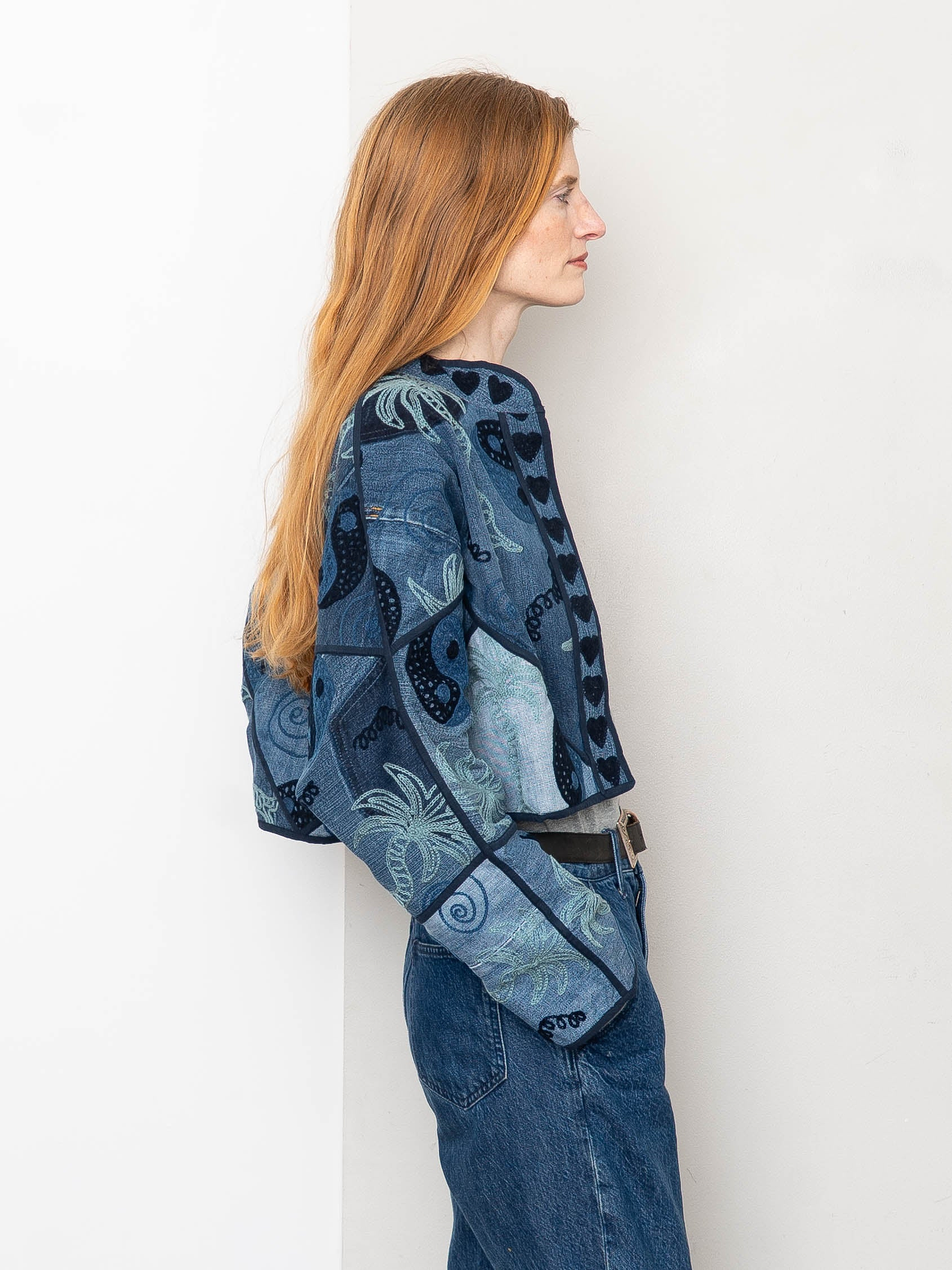 The Kaira Cropped Denim Suzani Jacket - Medium