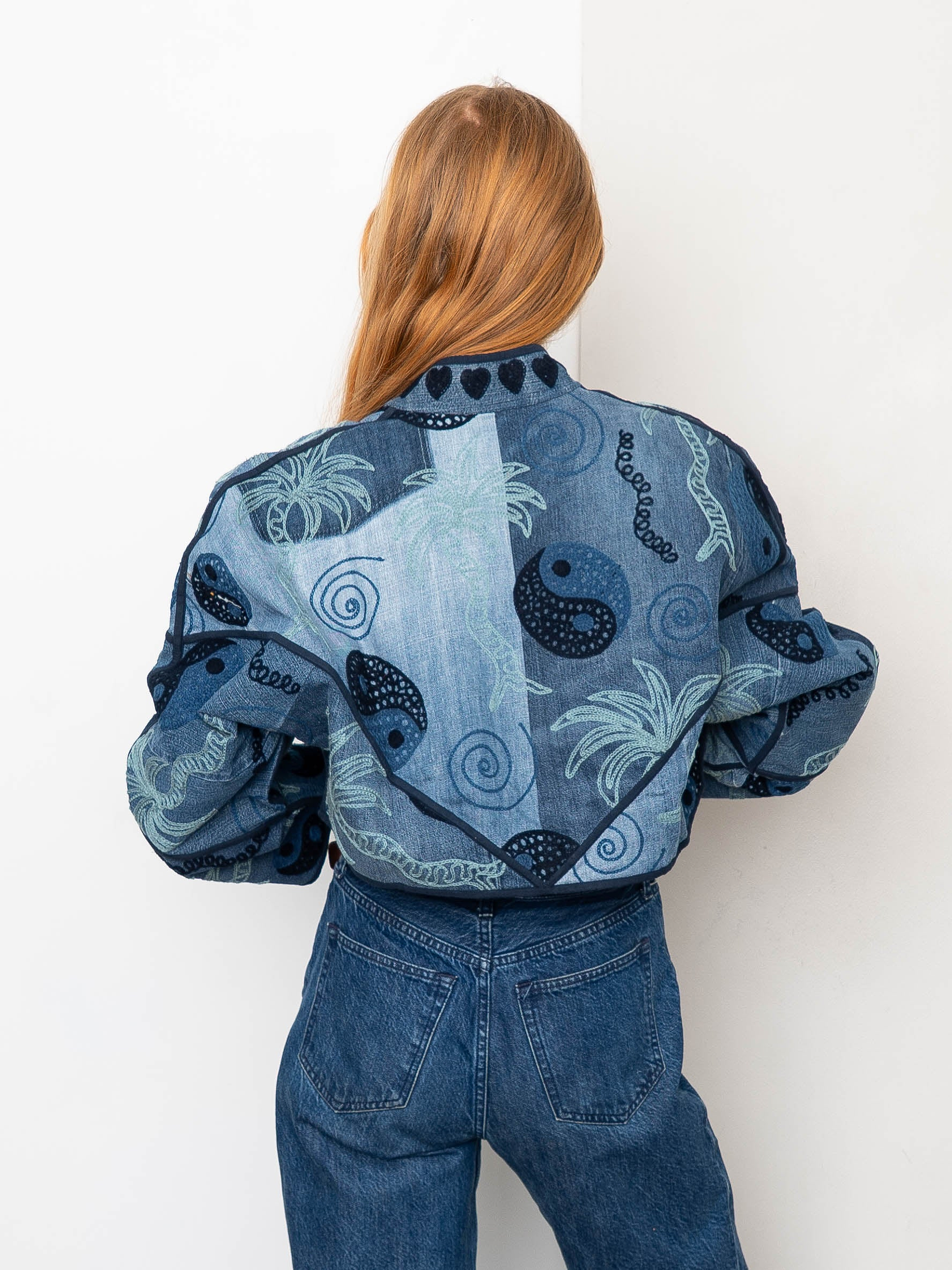 The Kaira Cropped Denim Suzani Jacket - Medium