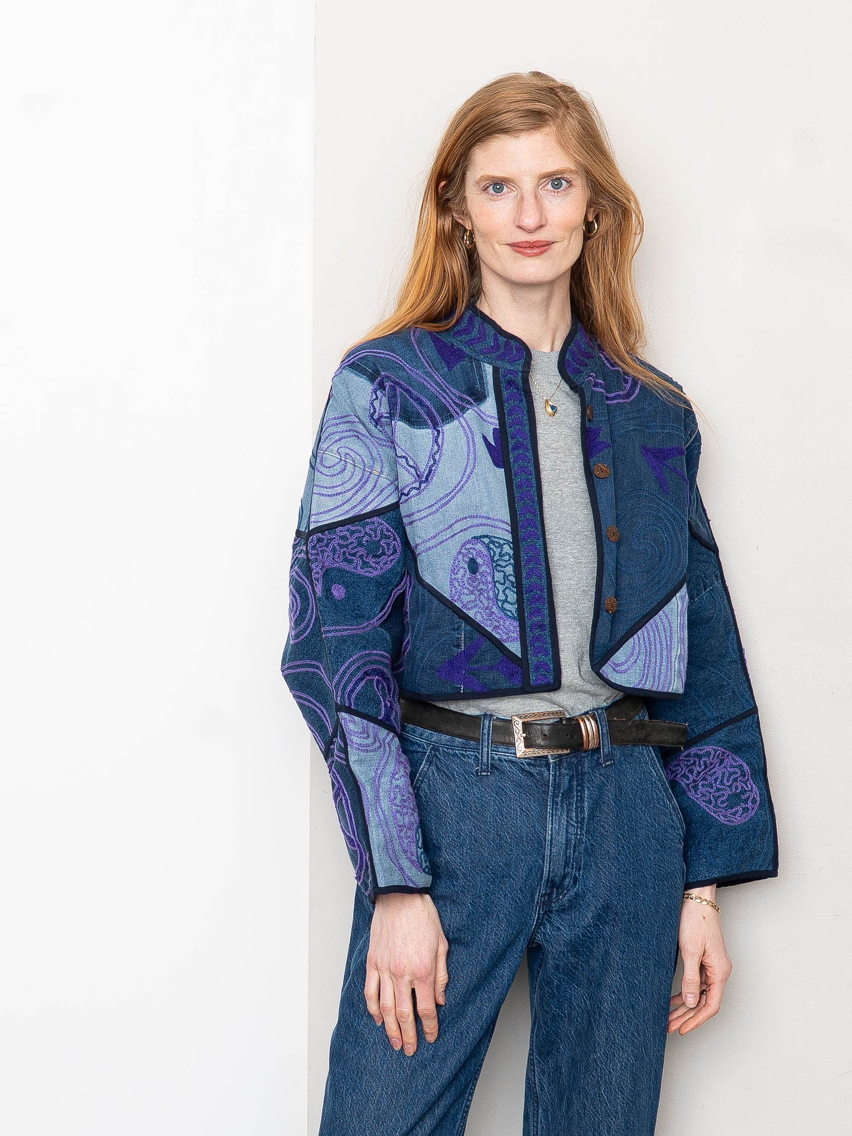 The Kaira Cropped Denim Suzani Jacket - Medium