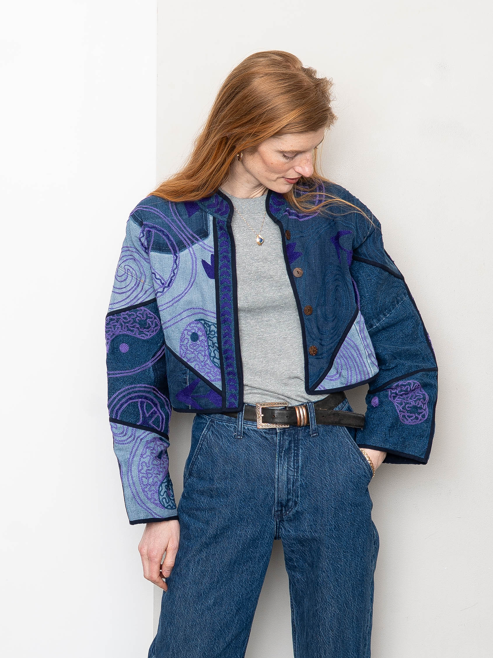 The Kaira Cropped Denim Suzani Jacket - Medium