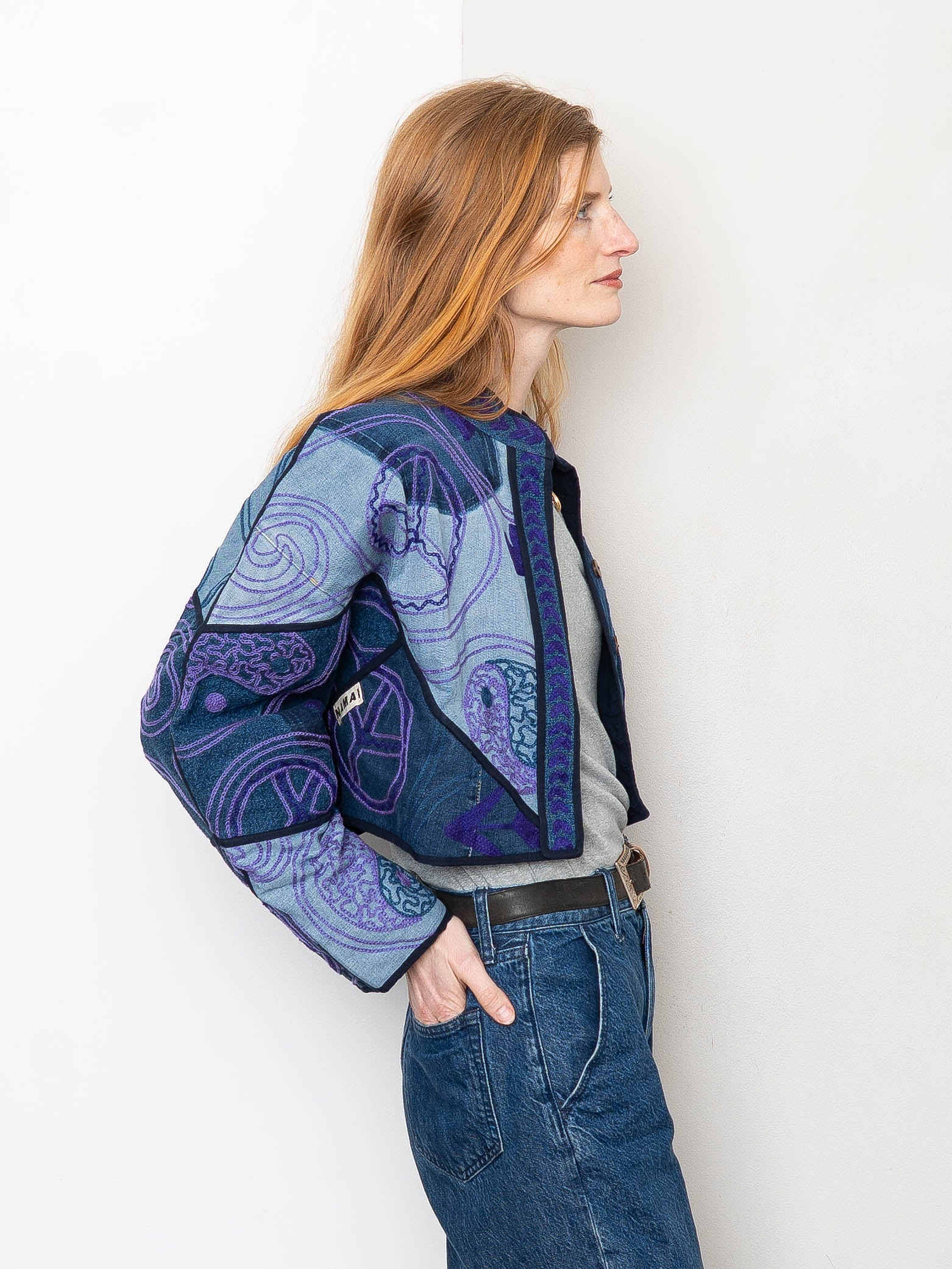 The Kaira Cropped Denim Suzani Jacket - Medium