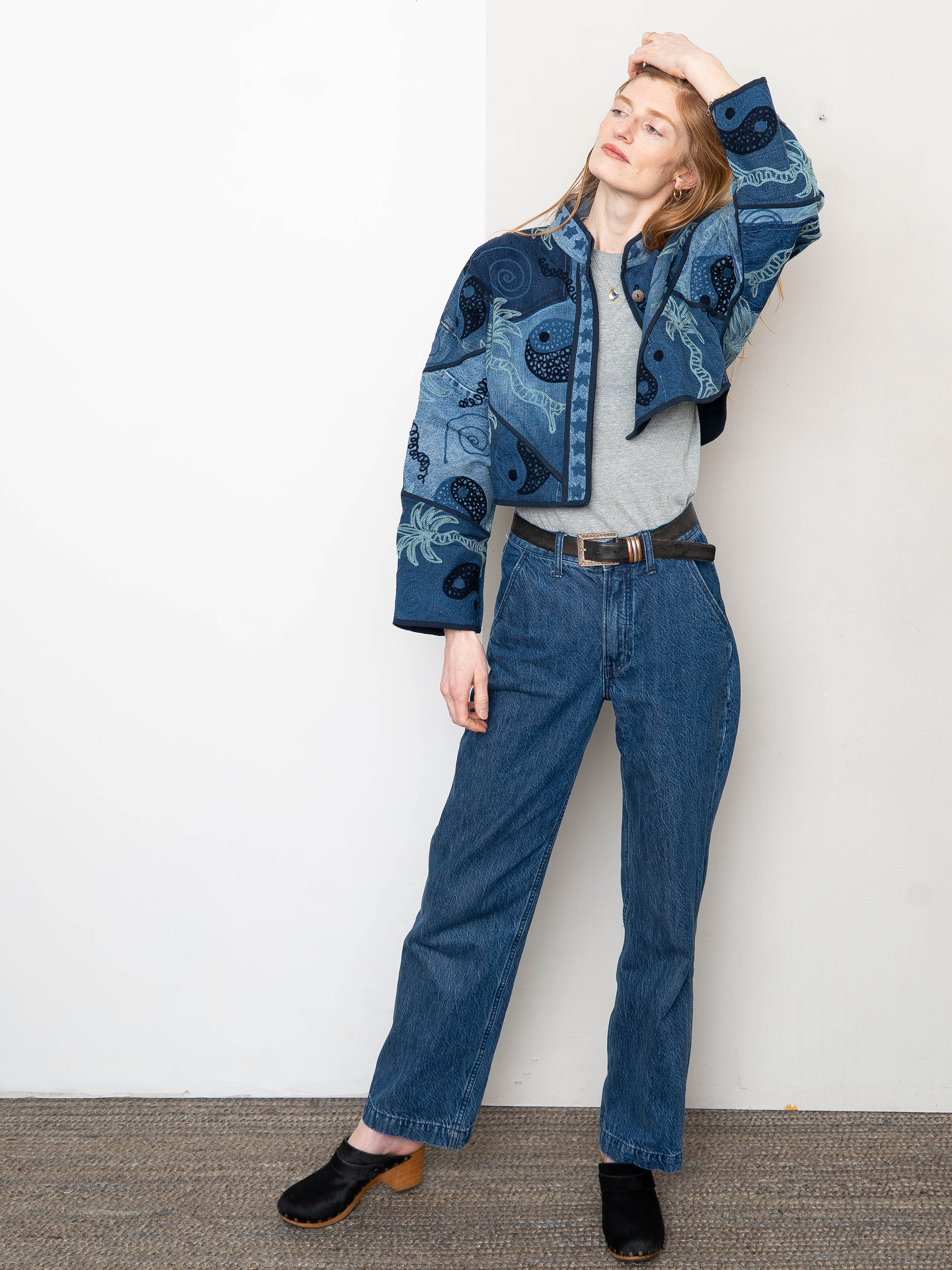 The Kaira Cropped Denim Suzani Jacket - Medium