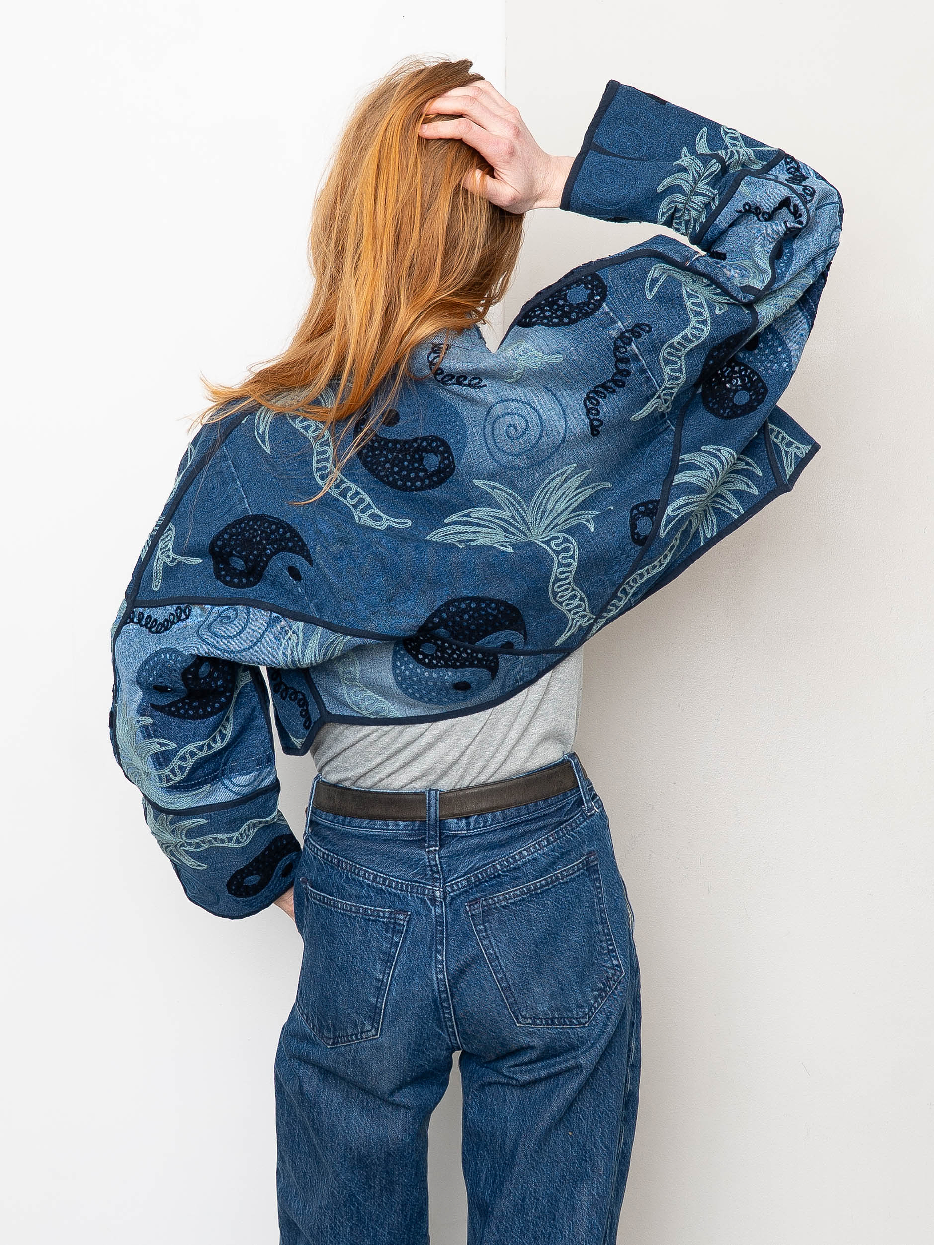 The Kaira Cropped Denim Suzani Jacket - Medium