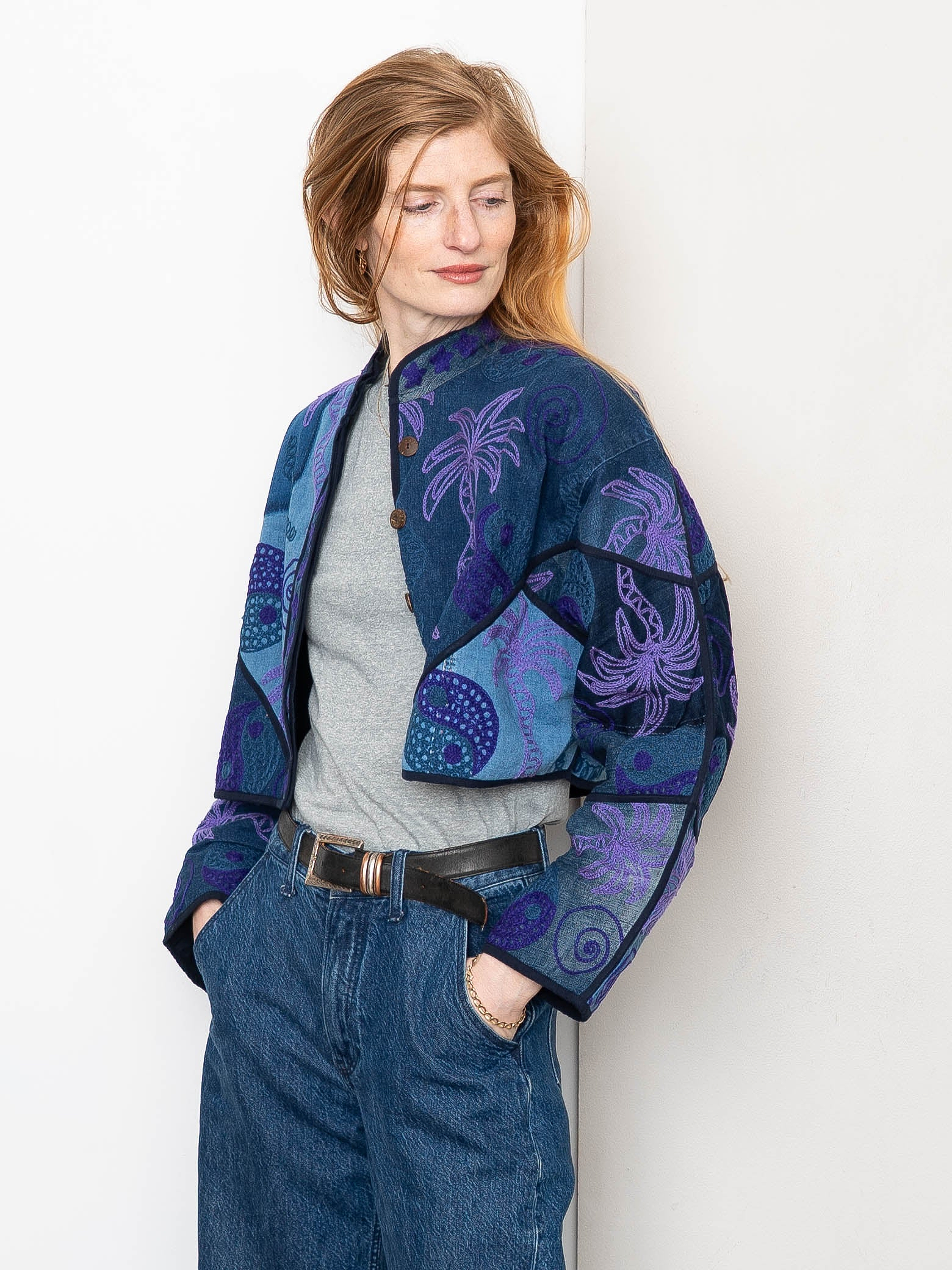 The Kaira Cropped Denim Suzani Jacket - Medium