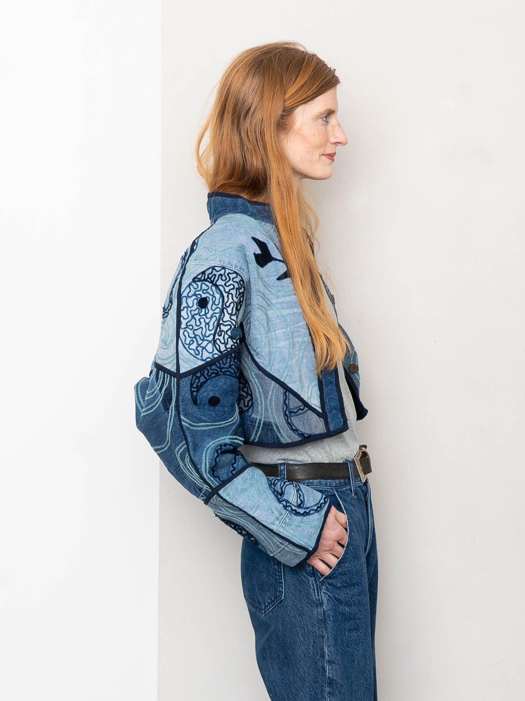 The Kaira Cropped Denim Suzani Jacket - Medium