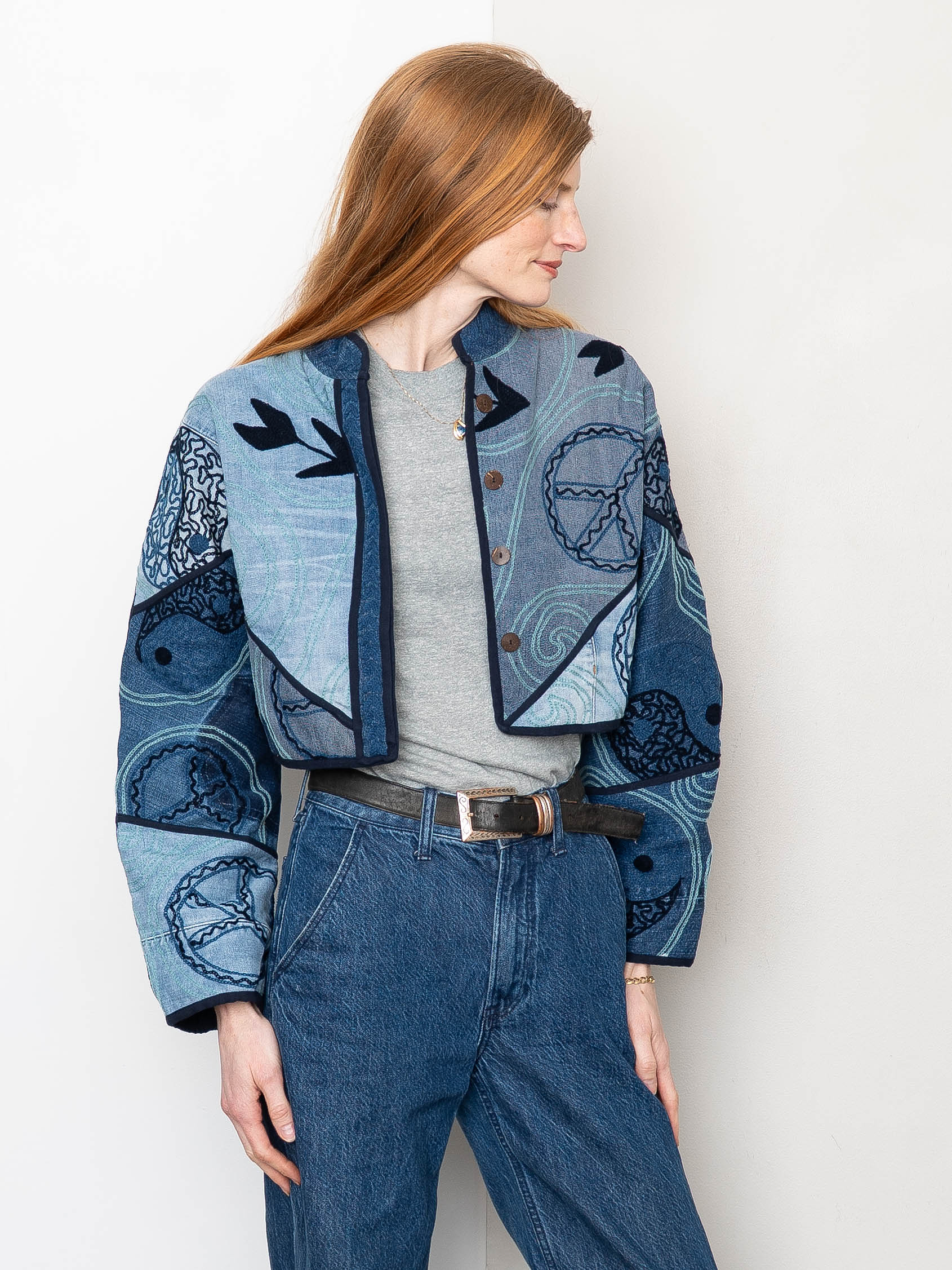The Kaira Cropped Denim Suzani Jacket - Medium