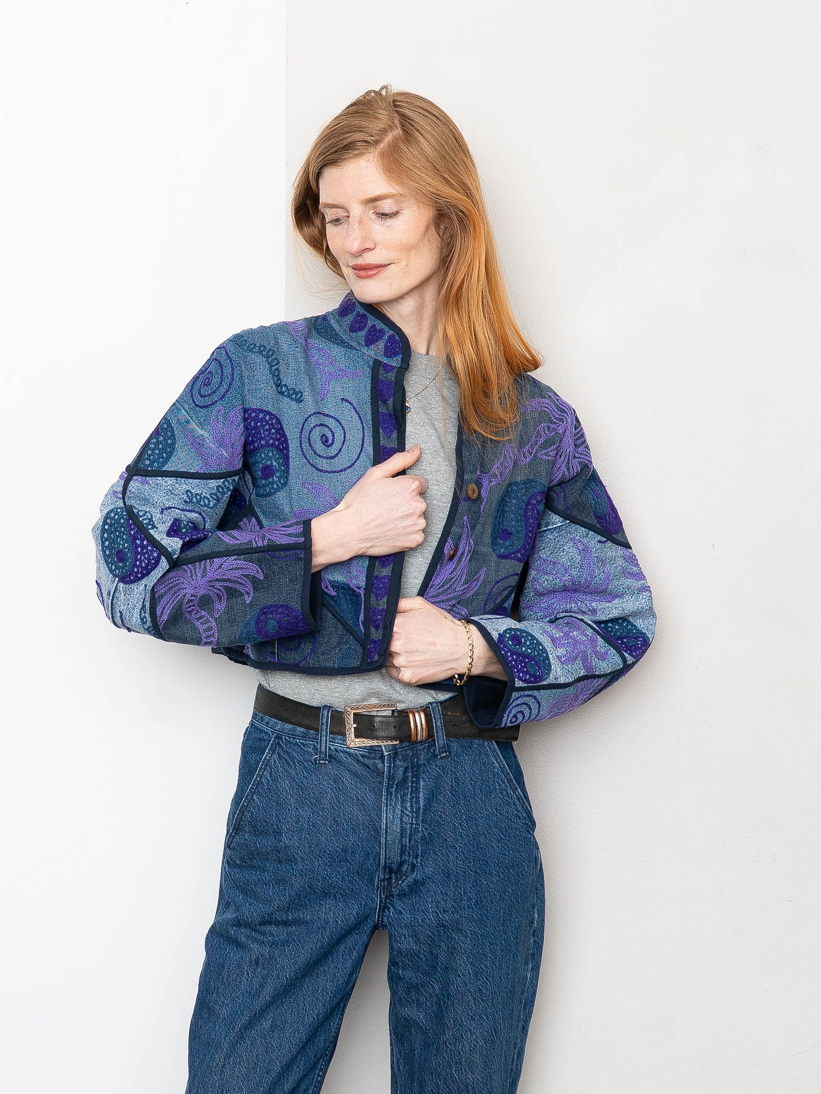 The Kaira Cropped Denim Suzani Jacket - Medium