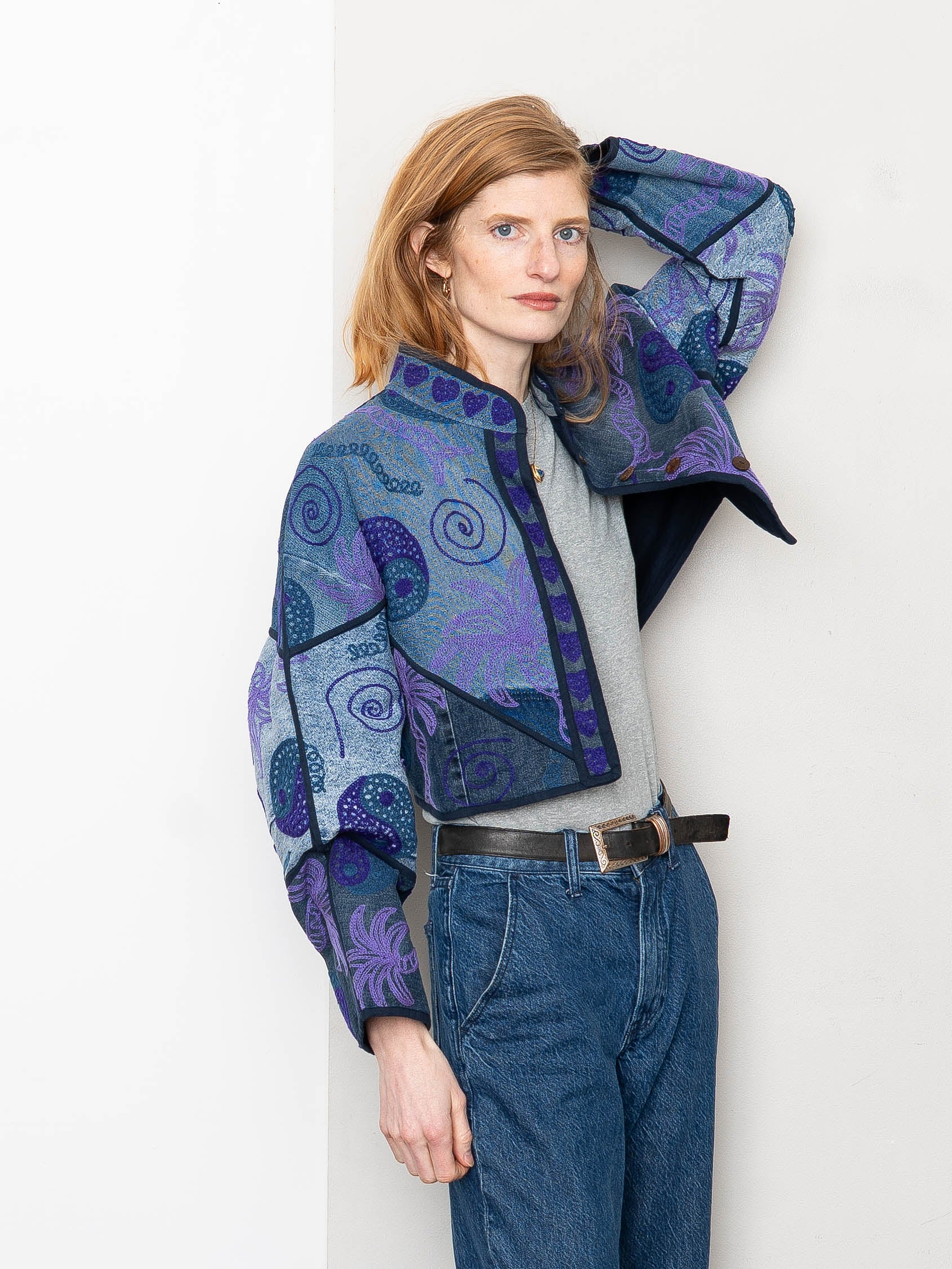 The Kaira Cropped Denim Suzani Jacket - Medium