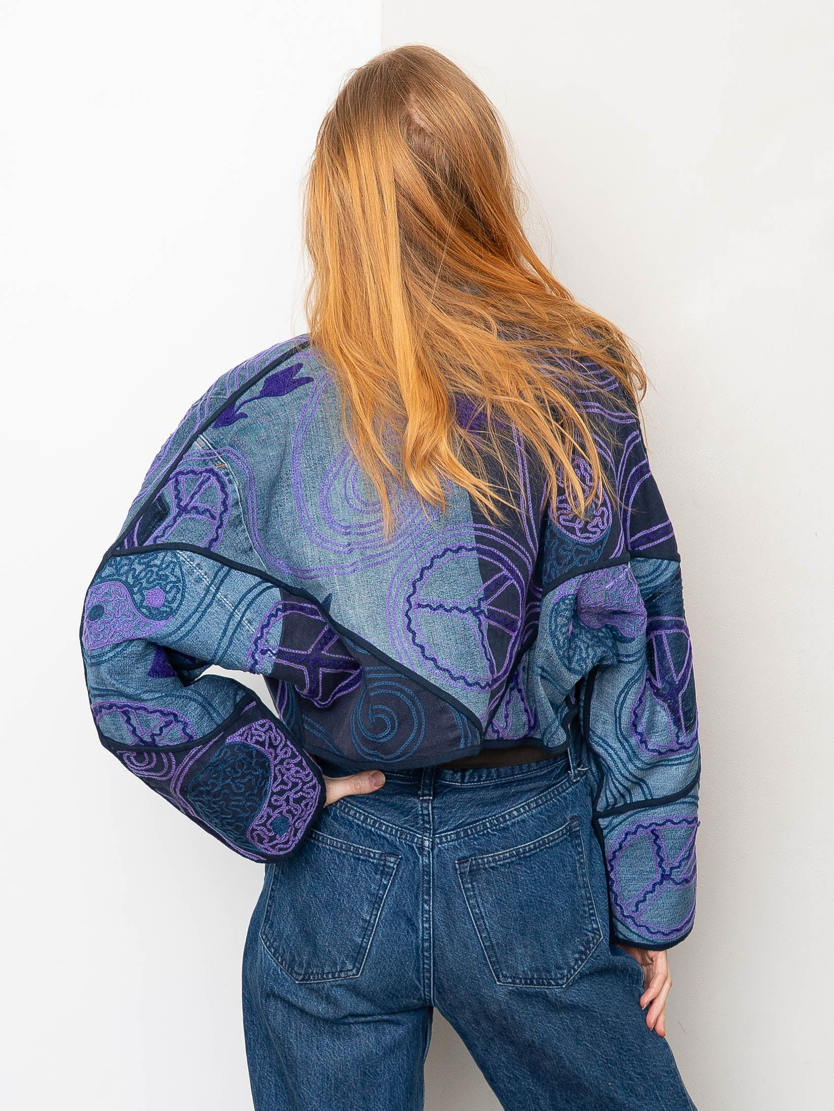 The Kaira Cropped Denim Suzani Jacket - Medium