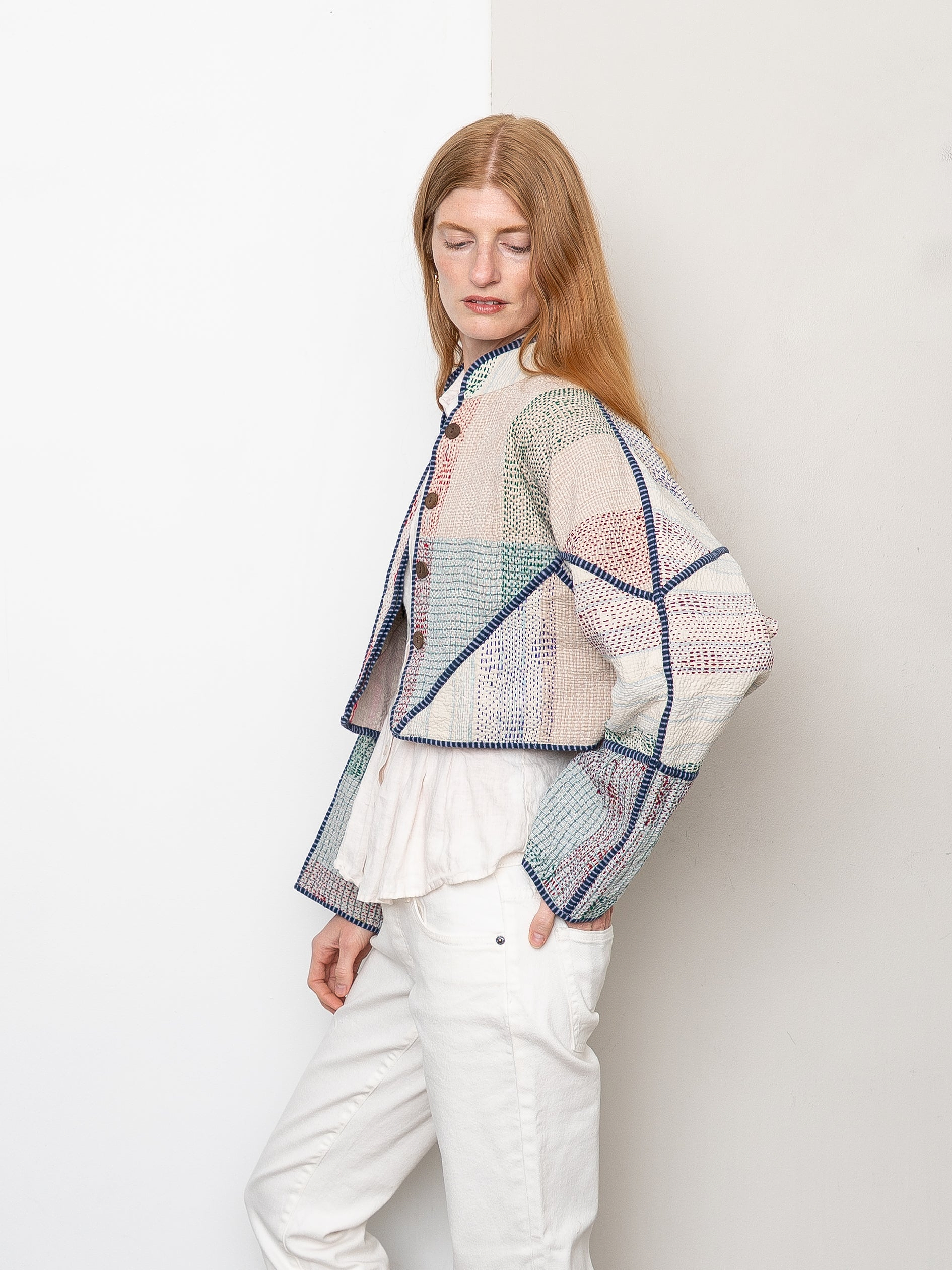 The Kaira Cropped Quilted Patchwork Kantha Jacket