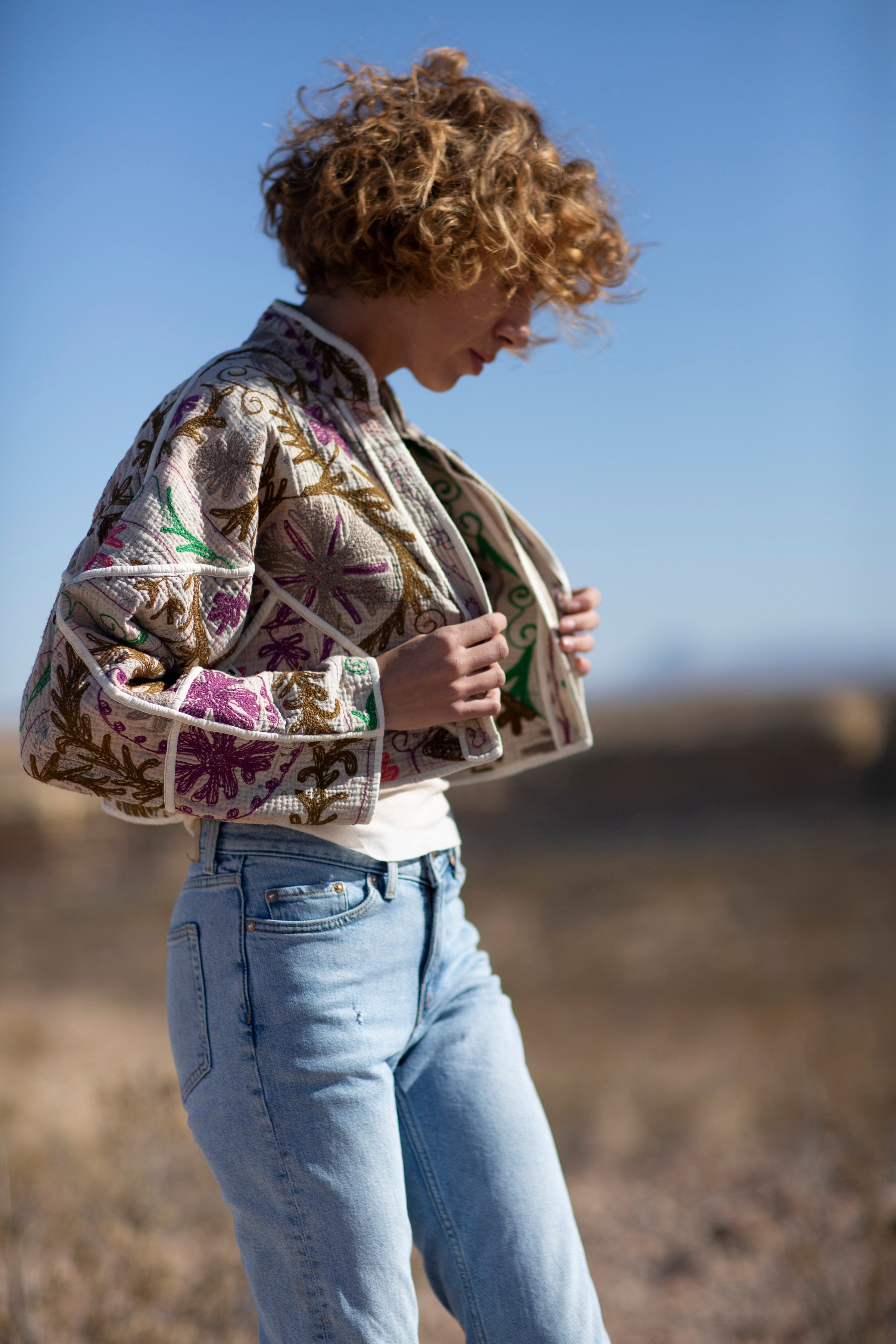 The Kaira Cropped Suzani Quilted Kantha Jacket