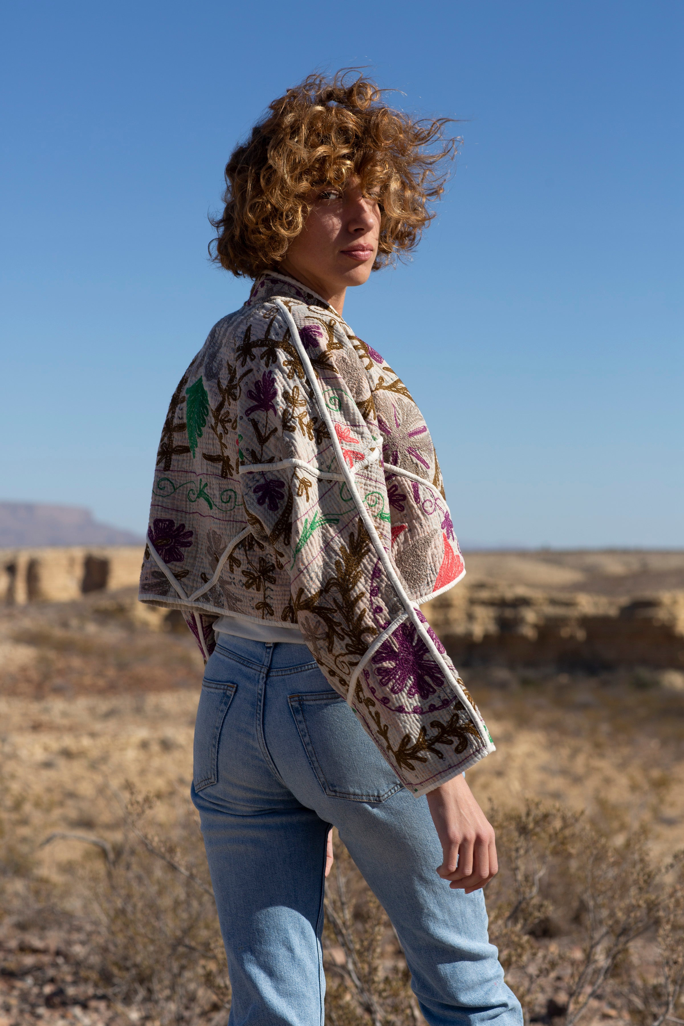 The Kaira Cropped Suzani Quilted Kantha Jacket