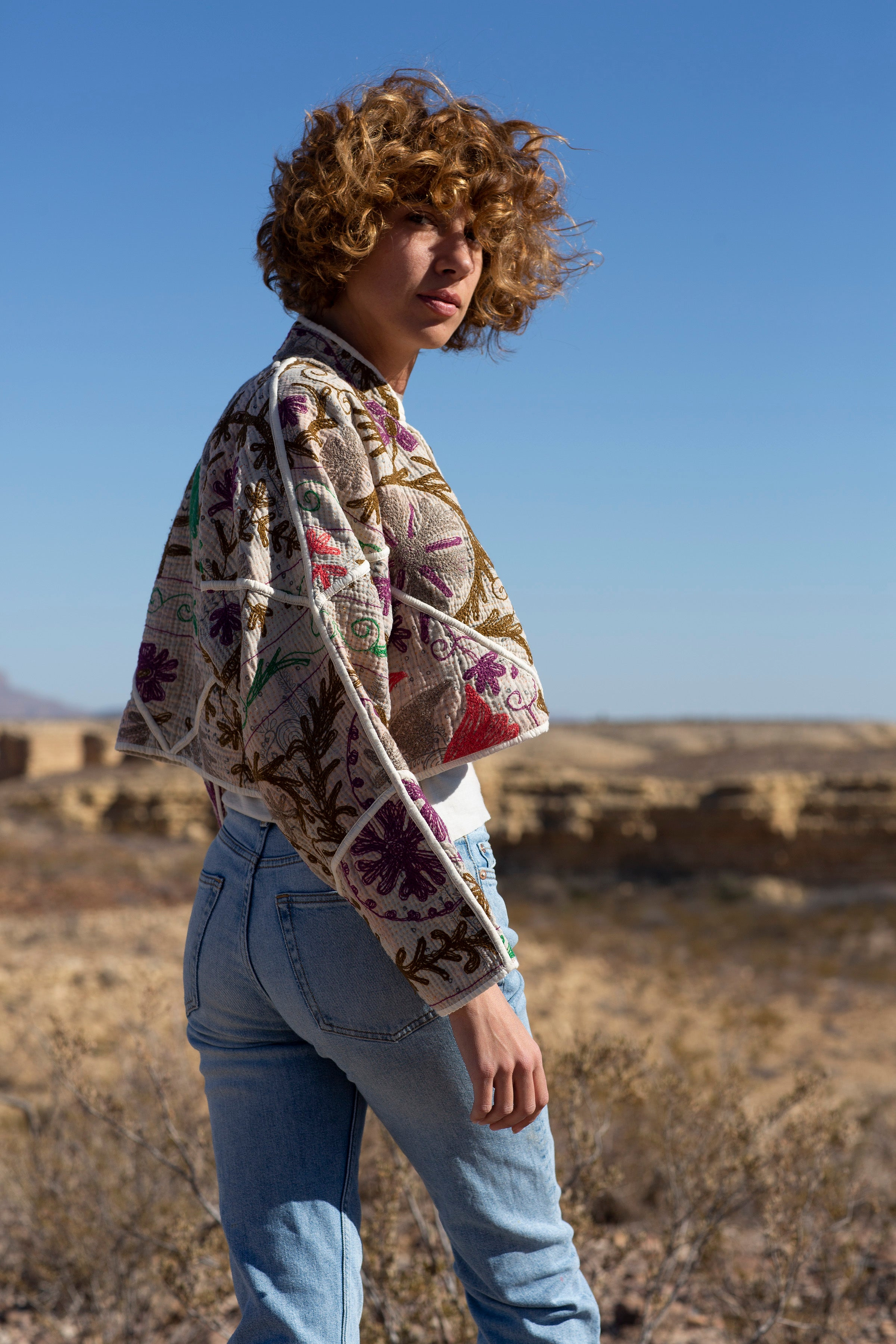 The Kaira Cropped Suzani Quilted Kantha Jacket