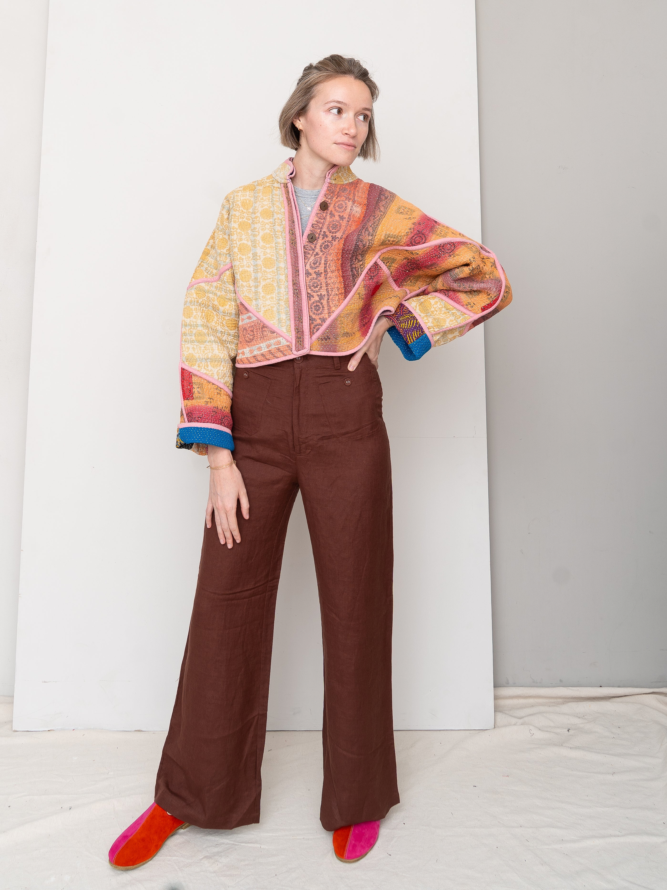The Kaira Cropped Quilted Patchwork Kantha Jacket