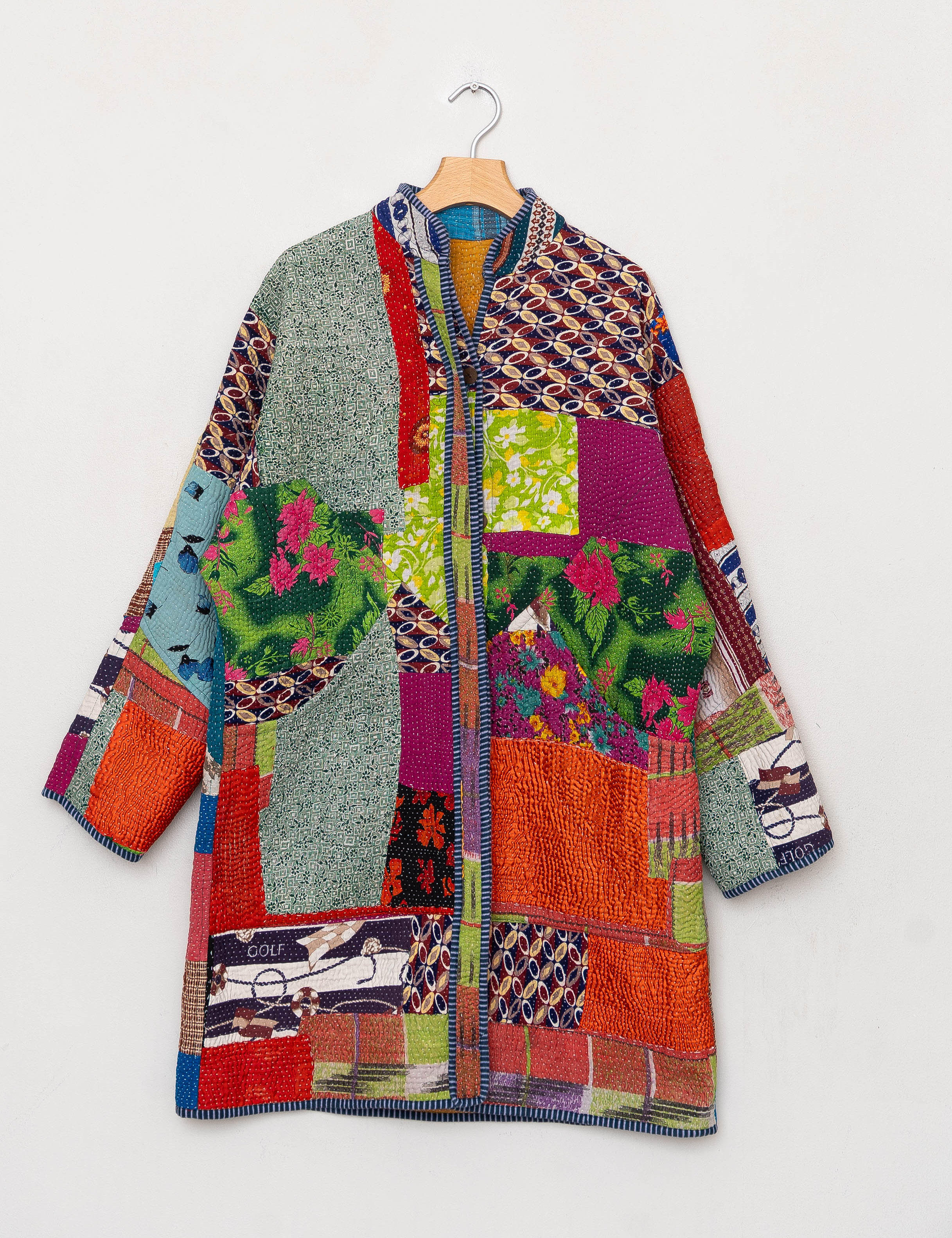 reversible long quilted jacket made from vintage Kantha quilt - soft lightweight women’s quilted jacket in long length