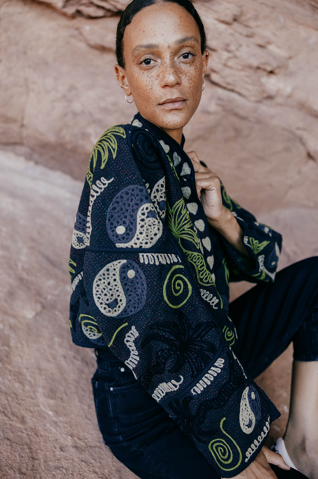 The Kaira Cropped Suzani Quilted Kantha Jacket