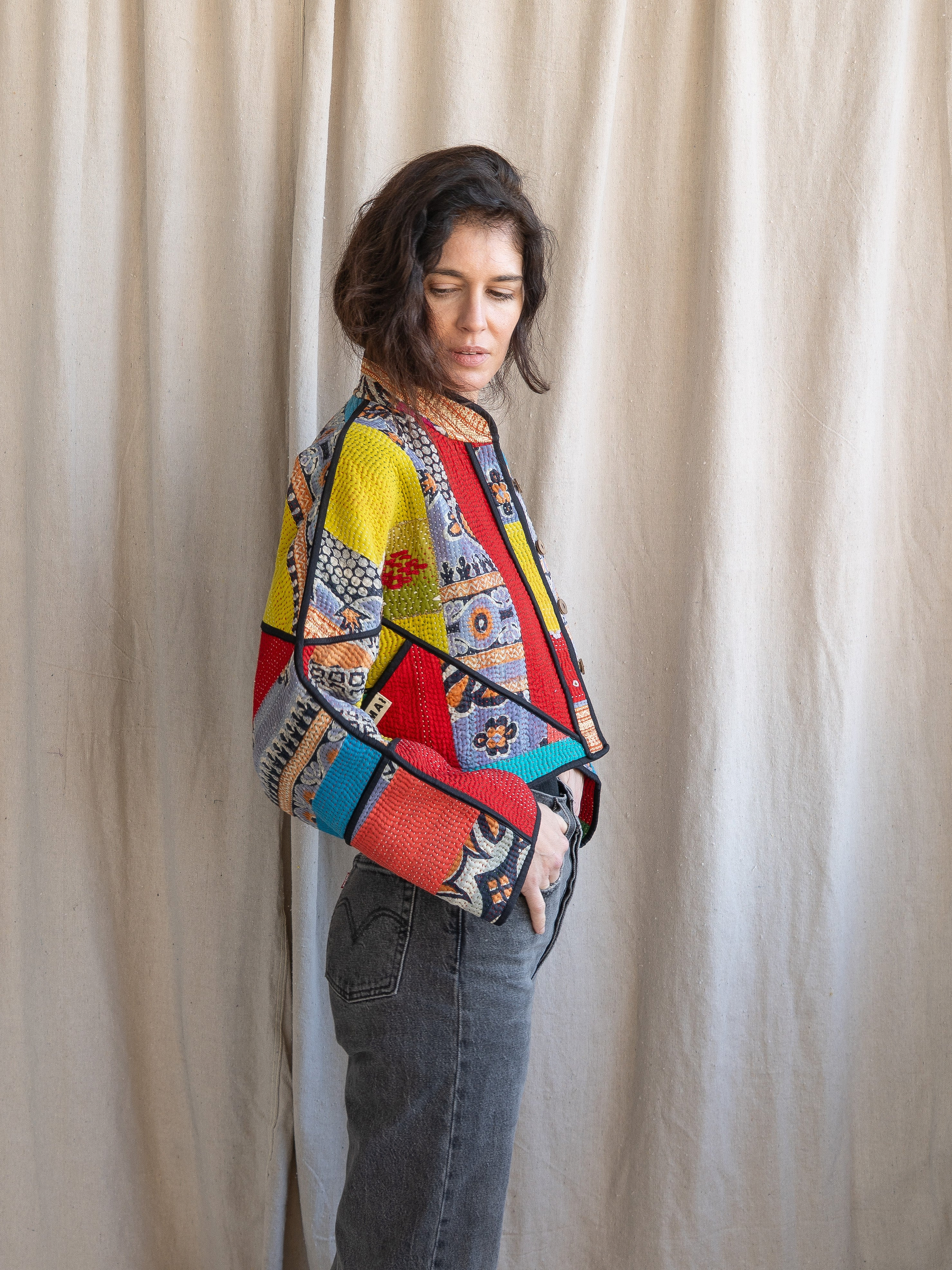 The Kaira Cropped Quilted Patchwork Kantha Jacket