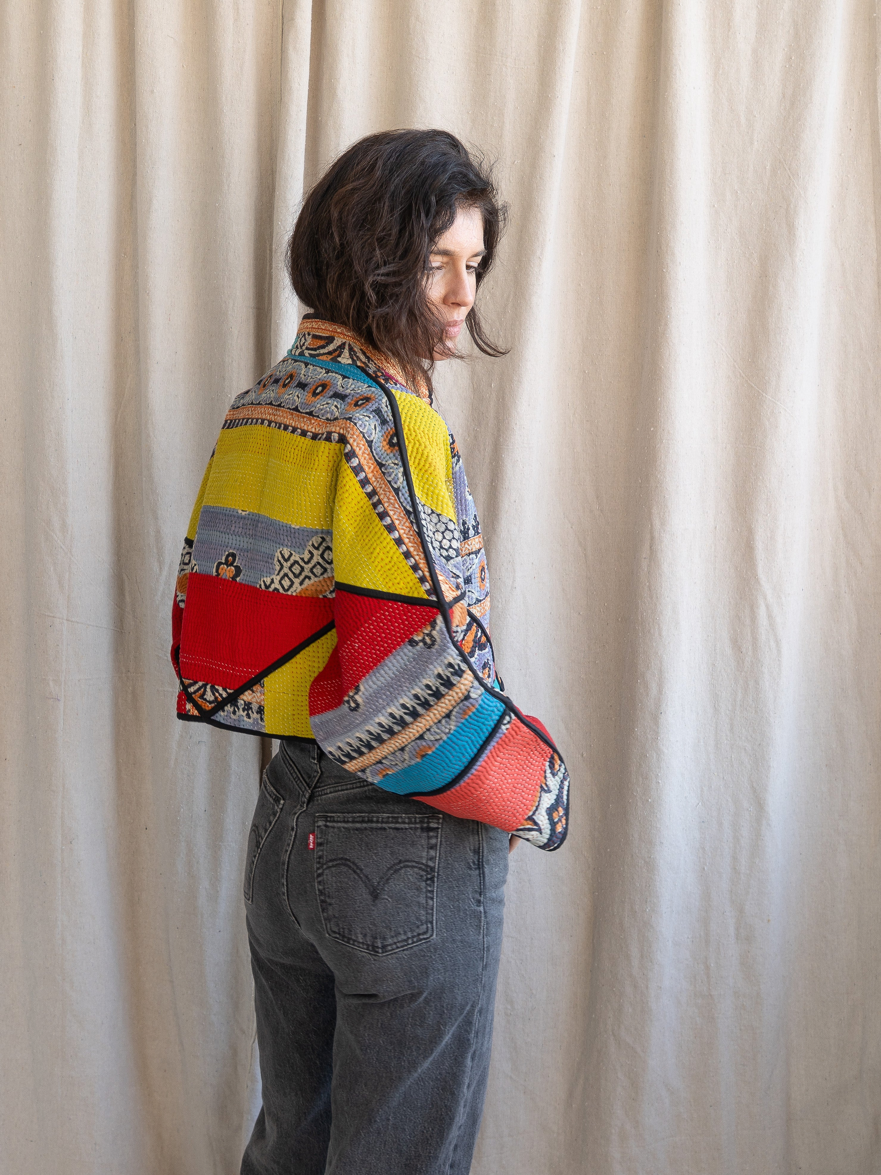 The Kaira Cropped Quilted Patchwork Kantha Jacket