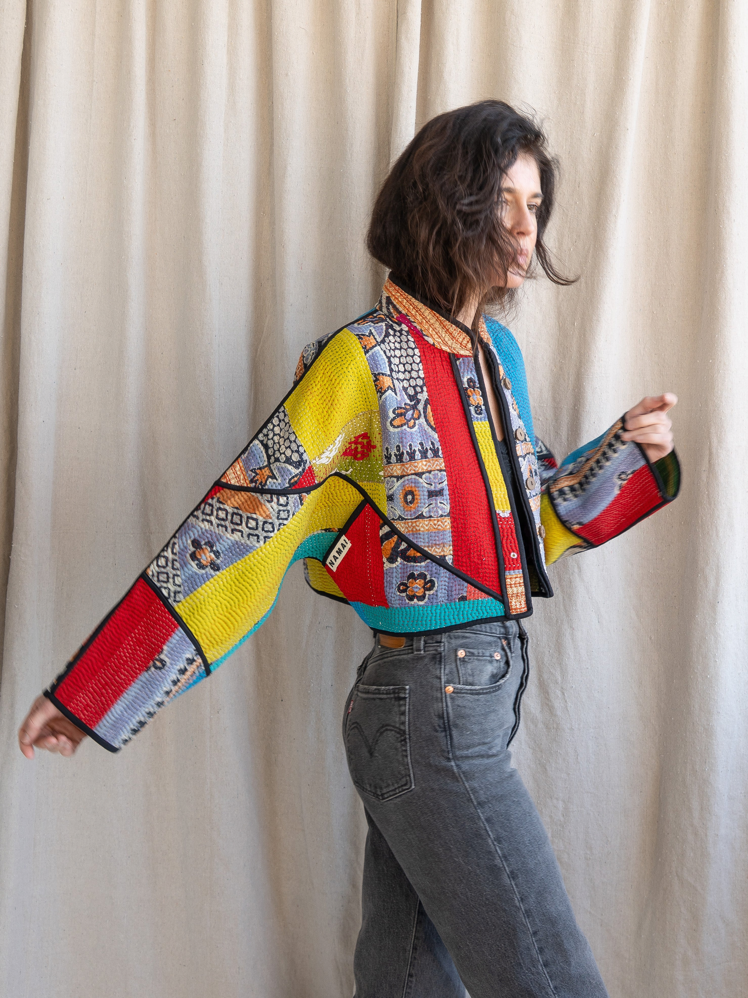 The Kaira Cropped Quilted Patchwork Kantha Jacket