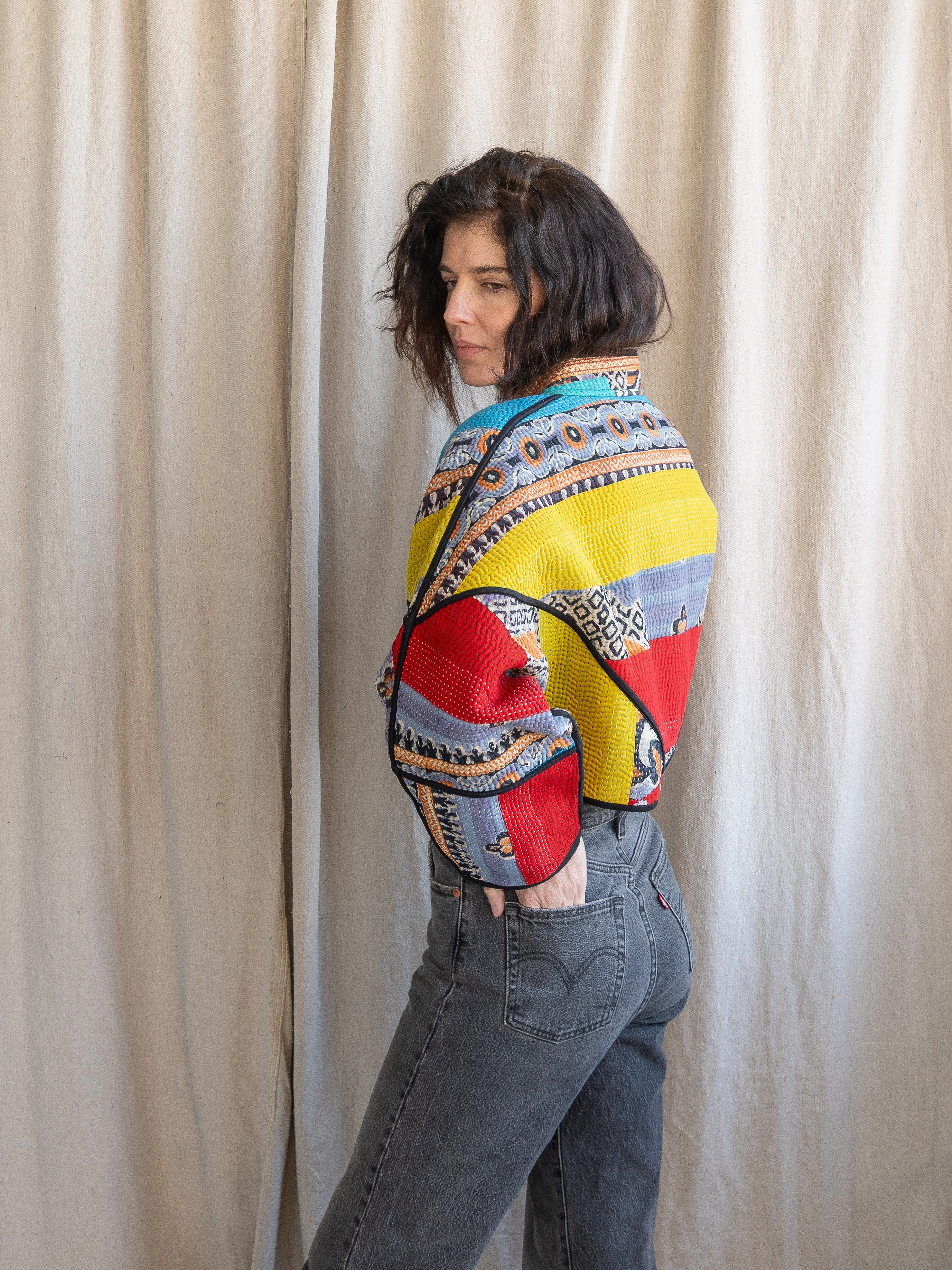 The Kaira Cropped Quilted Patchwork Kantha Jacket