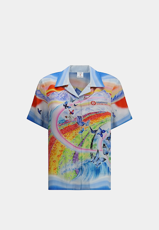 Casablanca Cuban Collar Short Sleeve Shirt Butterfly Mountain Sky Blue/ Pink Multi