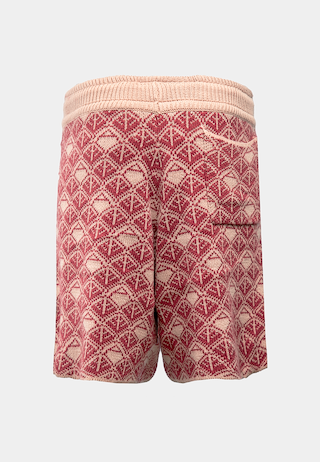 Ashluxe Monogram Knitted Shorts in pink and cream with drawstring waist and geometric knit pattern.