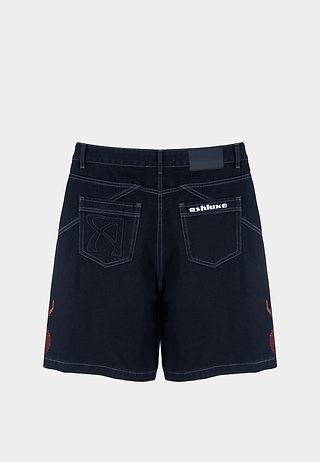 Ashluxe Flame Denim Short in black with red and orange flame embroidery on both sides - back view.