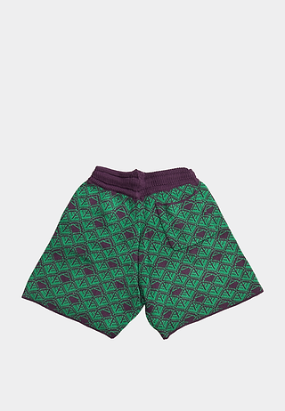 Ashluxe Monogram Knitted Shorts in Purple and Green with drawstring waist and geometric knit pattern.