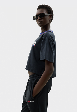 Knitted Neck Cropped T-Shirt Black