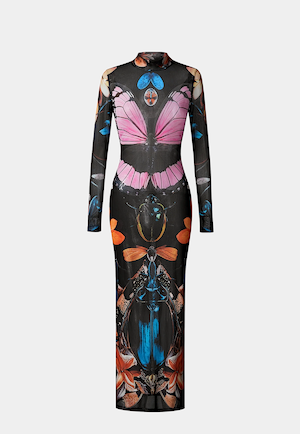 JW Pei Sheer Butterfly and Beetle Gown Multicolor