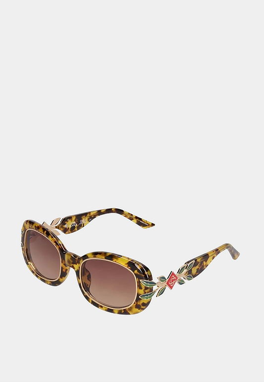 Casablanca Acetate & Metal Oval Sunglasses with Laurel Detail T-Shell/ Gold/ Laurel/ Brown