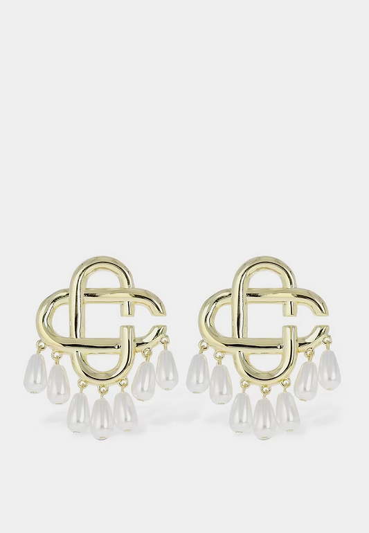 Casablanca Pearl Drop Logo Earrings Gold Pearl