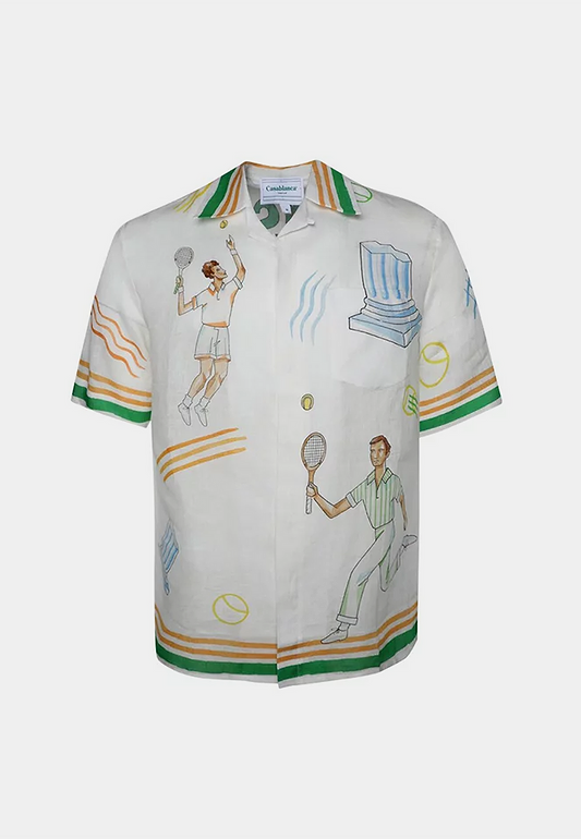 Casablanca Tennis Play Icon Cuban Collar Short Sleeve Shirt White