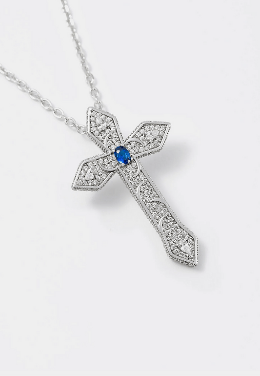 Darkai Goth Cross Necklace Silver Crystals Stones