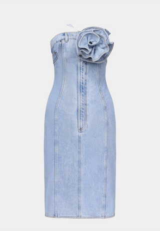 Area Flower Corsage Strapless Midi Dress Blue
