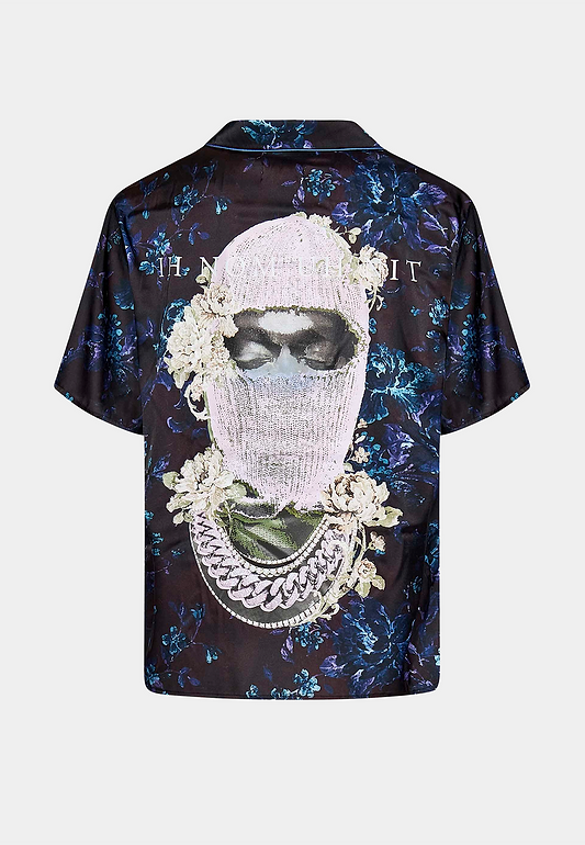 IH NOM UH NIT Shirt Camp Collar In Sat Poly All Over Printed With Mask Roses On Back - Black/Multi