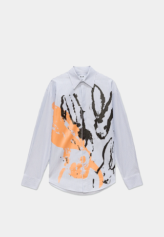 Msgm Blue Oxford striped bowling shirt with "Sketched Bunnies" print Blue