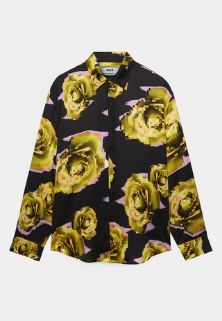 Msgm Satin Underground Pixelled Roses Ls Shirt Yellow Black