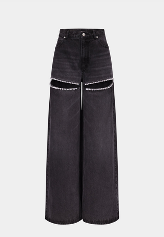 Area Wide Leg Crystal Slit Jean Black