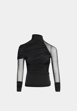 JW Pei Ella Sheer Ruched Turtleneck Top Black