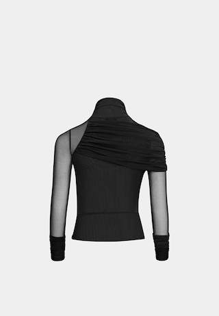 JW Pei Ella Sheer Ruched Turtleneck Top Black