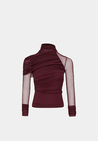 JW Pei Ella Sheer Ruched Turtleneck Top Burgundy