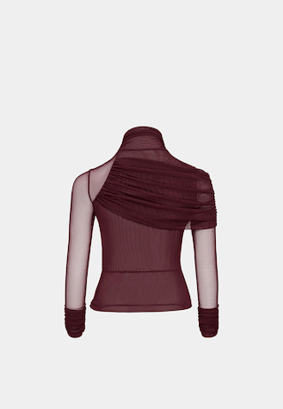 JW Pei Ella Sheer Ruched Turtleneck Top Burgundy