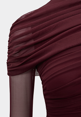 JW Pei Ella Sheer Ruched Turtleneck Top Burgundy