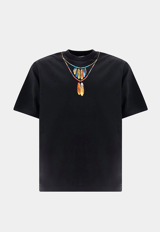 MARCELO BURLON Feathers Necklace Over Tee - Black Red