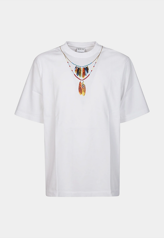MARCELO BURLON Feathers Necklace Over Tee - White Red